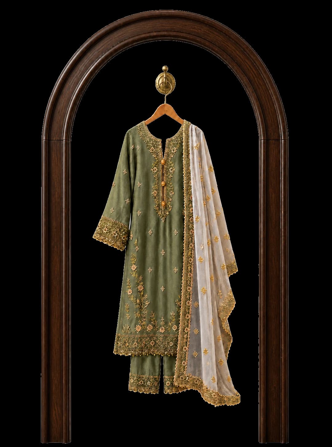 Maria.B embroidered Pakistani suit displayed in a dark walnut arch