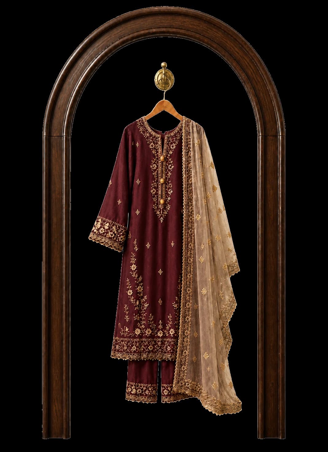 Sana Safinaz embroidered Pakistani suit displayed in a dark walnut arch