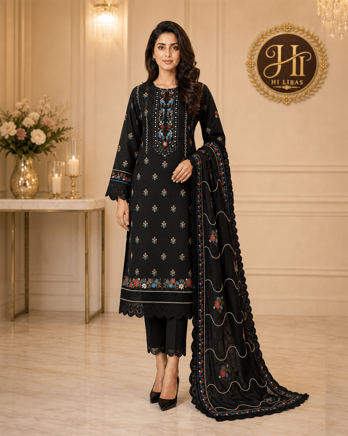 Bin Ilyas Embroidered 3 Piece Suit Black image 1
