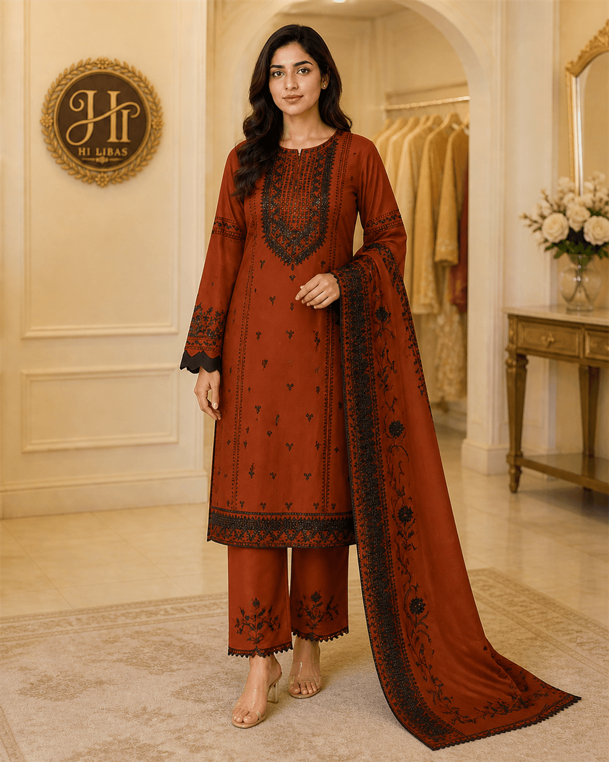 Agha Noor Embroidered 3 Piece Suit Rust Brown image 1