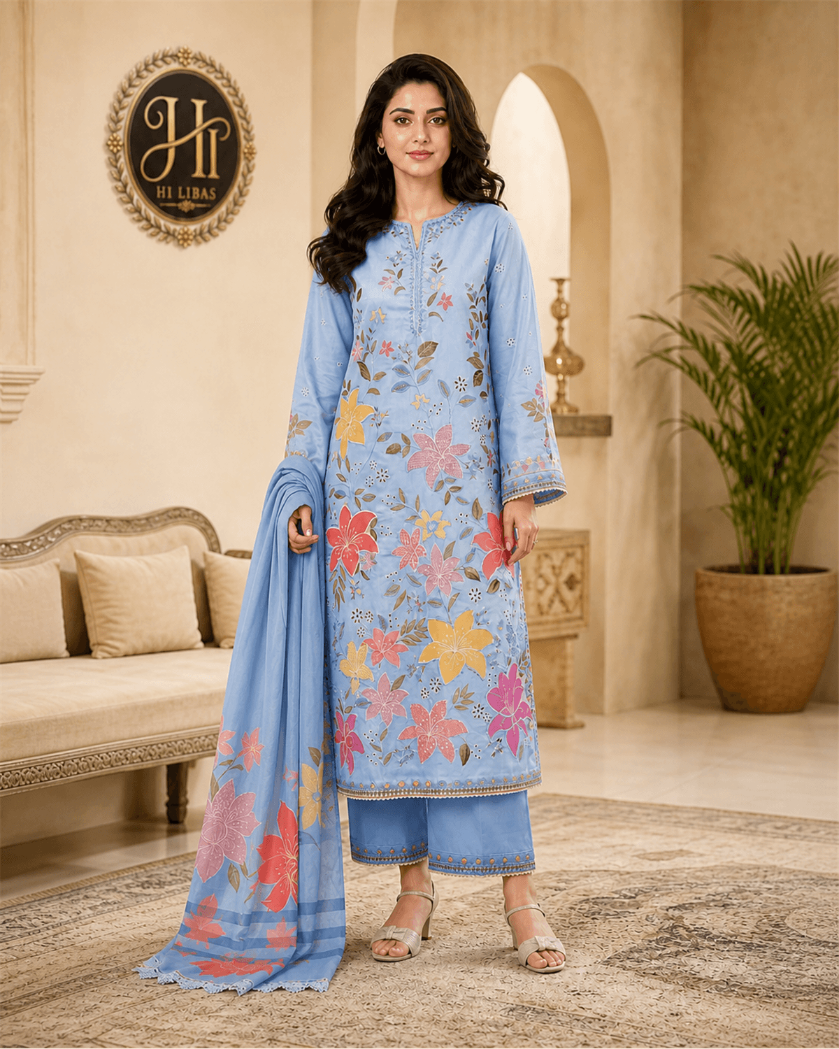 Aneela's Embroidered Cotton 3 Piece Suit Sky Blue Floral image 1