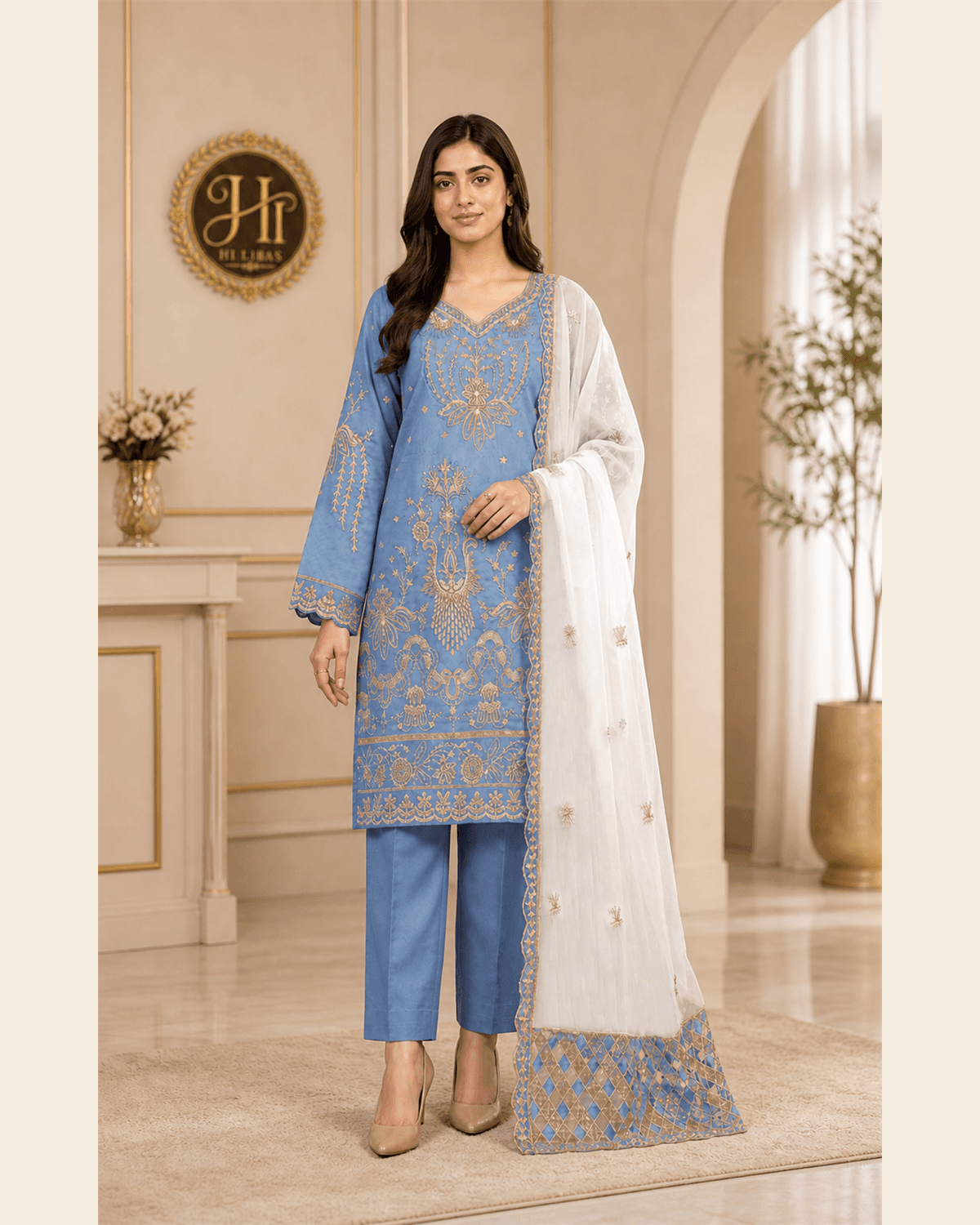 Khamaj Embroidered Cotton 3 Piece Suit Blue image 1