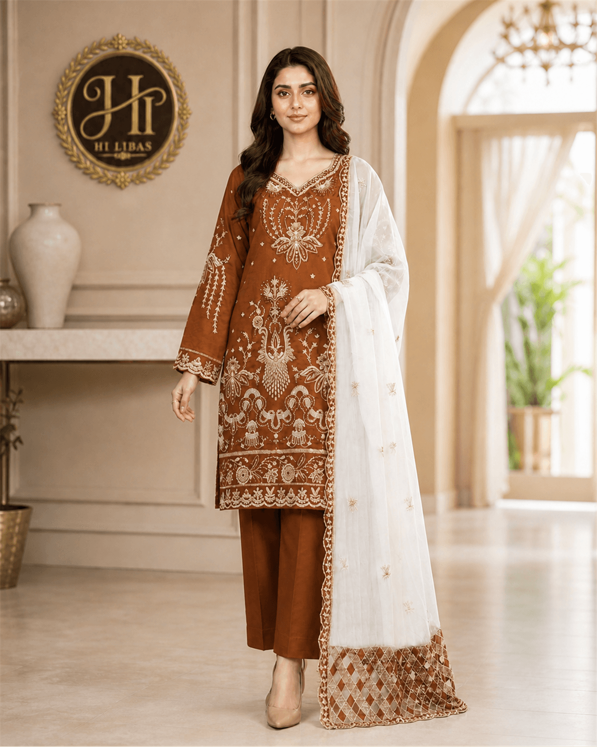 Khamaj Embroidered Cotton 3 Piece Suit Brown image 1