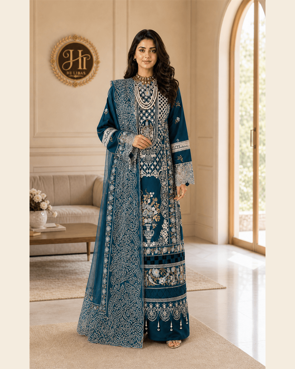 Bin Ilyas Embroidered Cotton 3 Piece Suit Dark Teal image 1