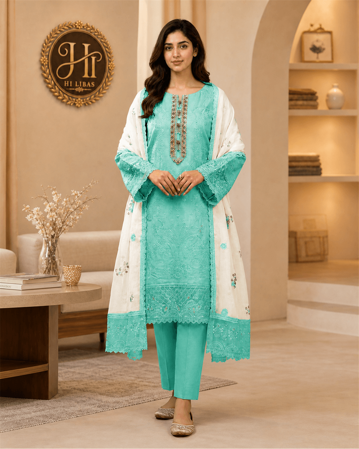 Khamaj Embroidered Cotton 3 Piece Suit Green image 1