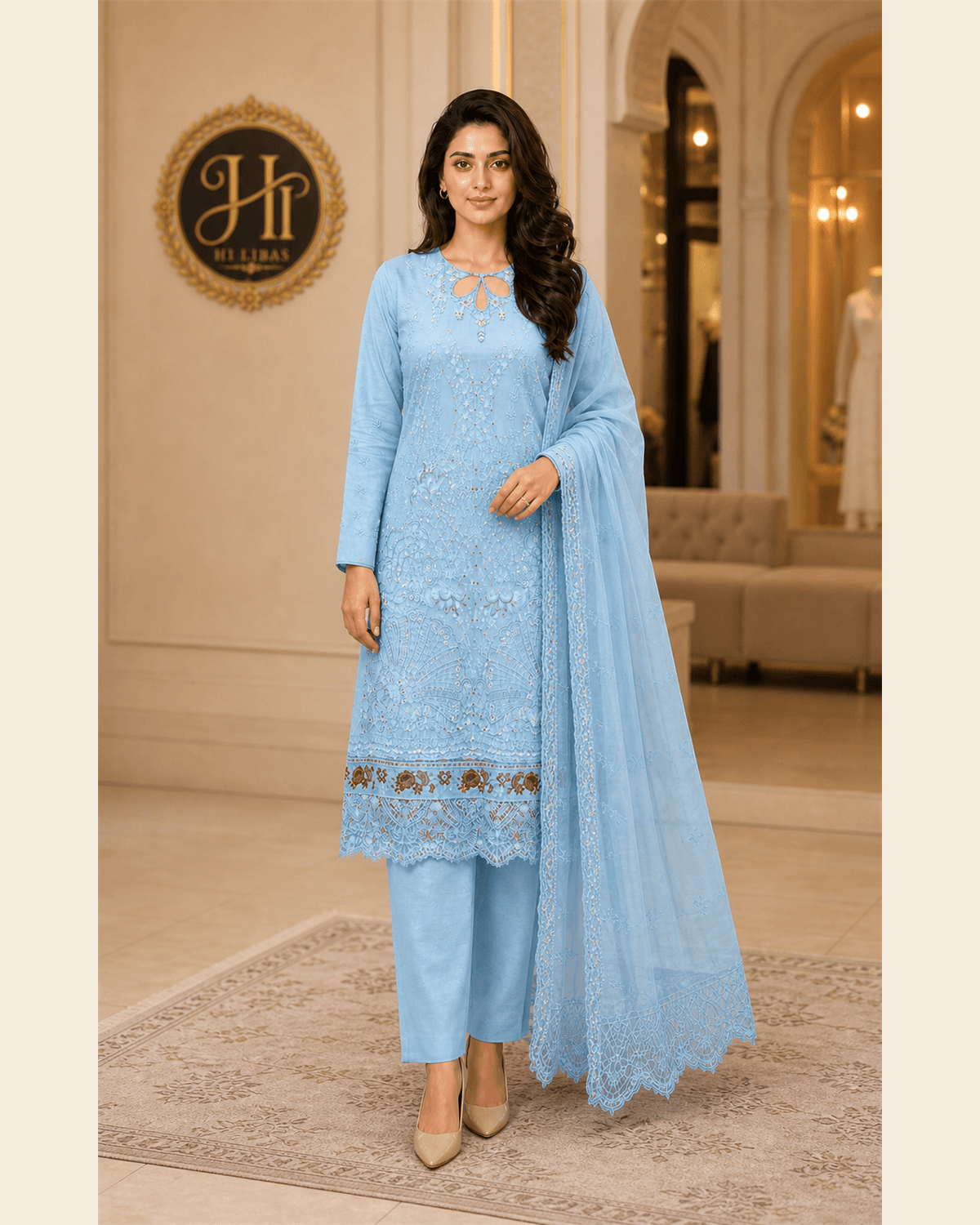 Khamaj Embroidered Cotton 3 Piece Suit Light Blue image 1