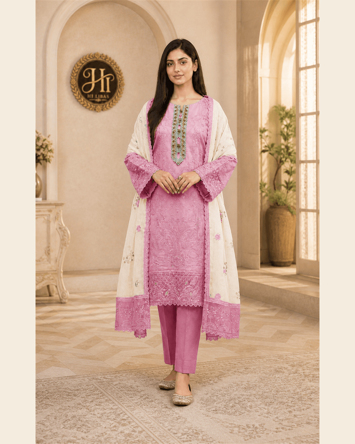 Khamaj Embroidered Cotton 3 Piece Suit Pink image 1
