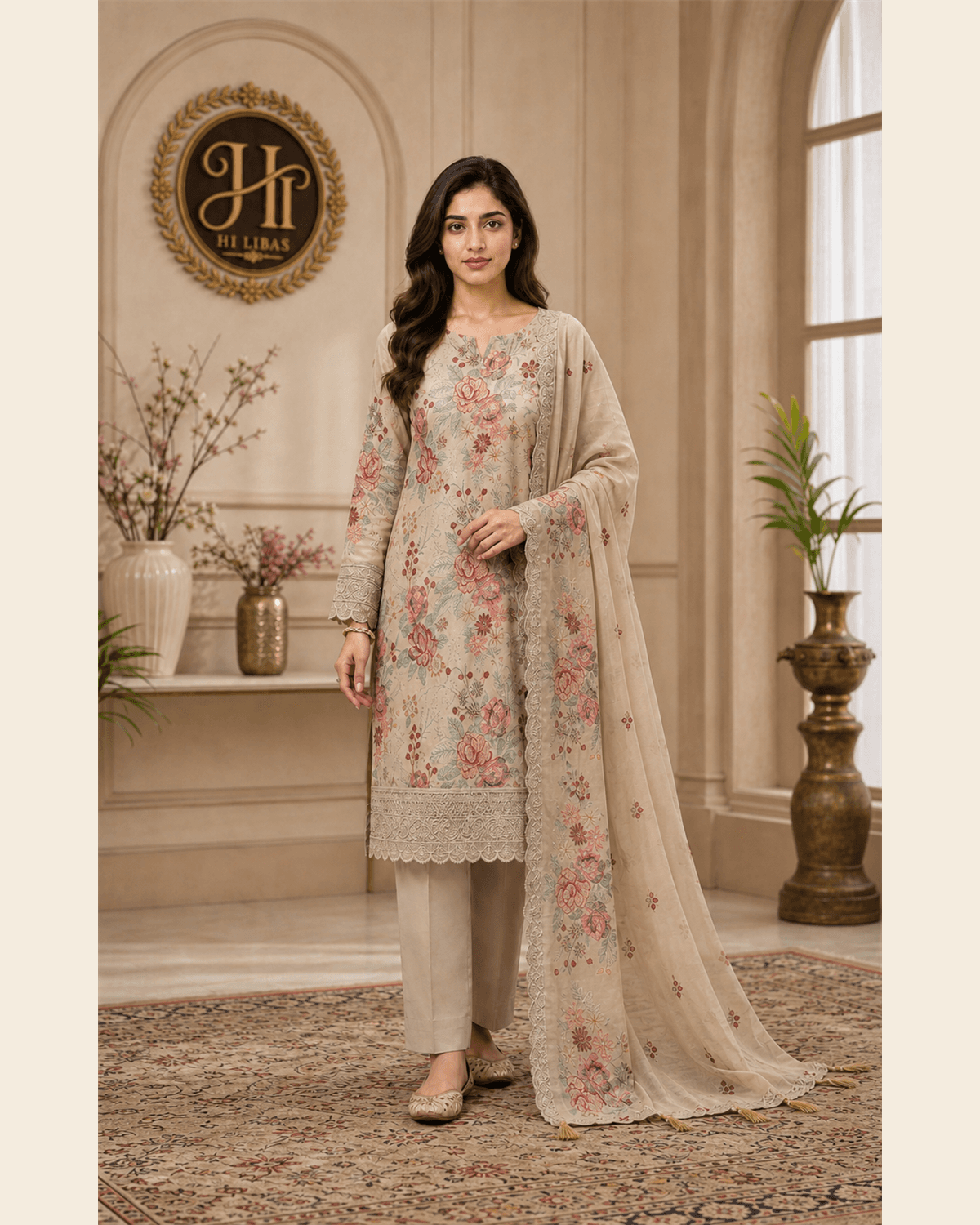 Bareeze Embroidered Cotton 3 Piece Suit Beige image 1