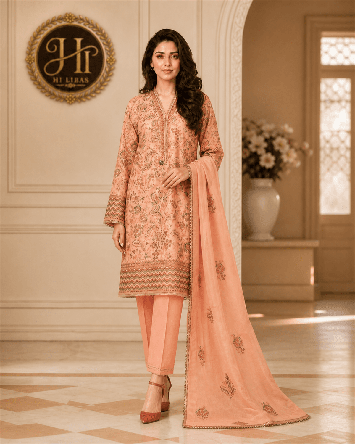 Bareeze Embroidered Cotton 3 Piece Suit Peach image 1