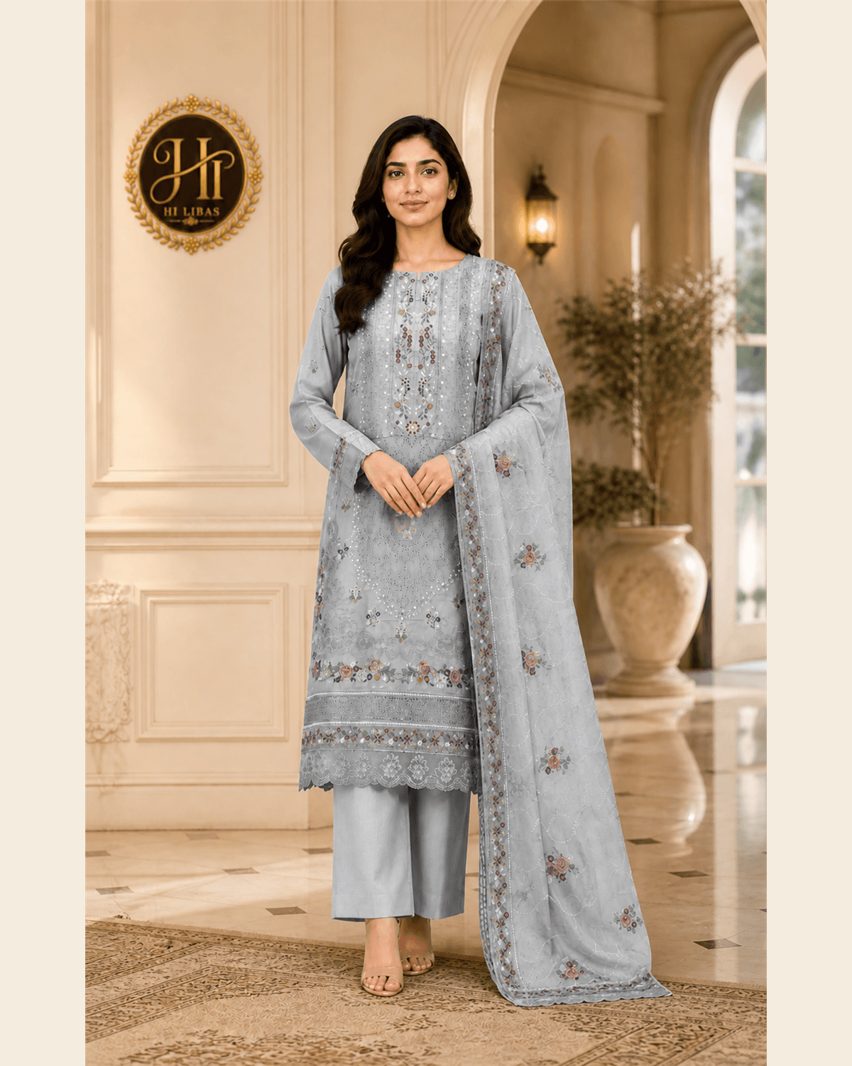 Bin Ilyas Embroidered Cotton 3 Piece Suit Grey image 1
