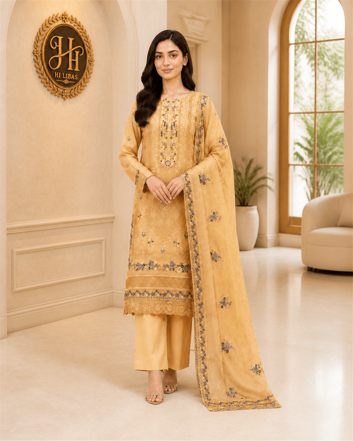 Bin Ilyas Embroidered Cotton 3 Piece Suit Mustard Yellow image 1
