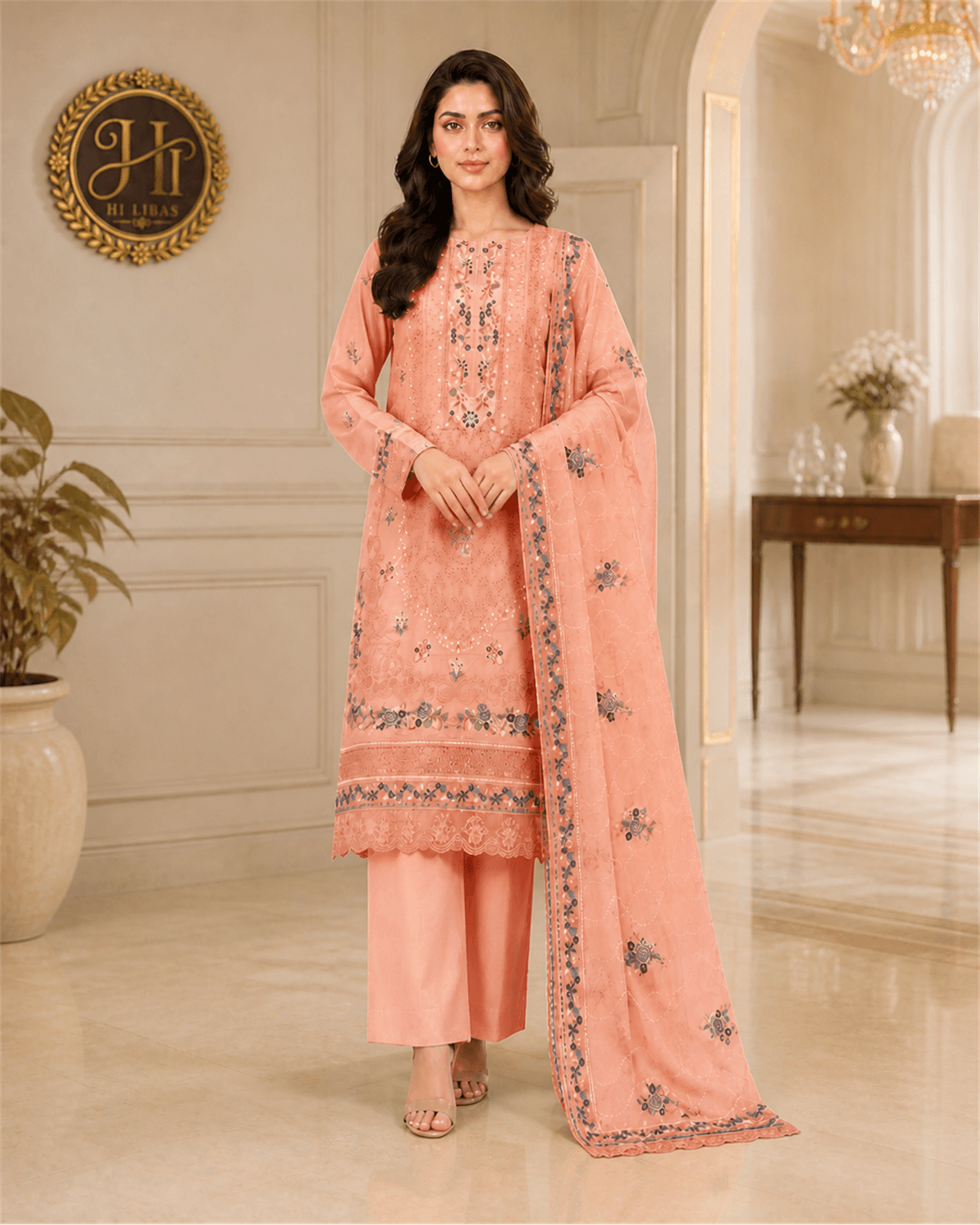 Bin Ilyas Embroidered Cotton 3 Piece Suit Peach image 1