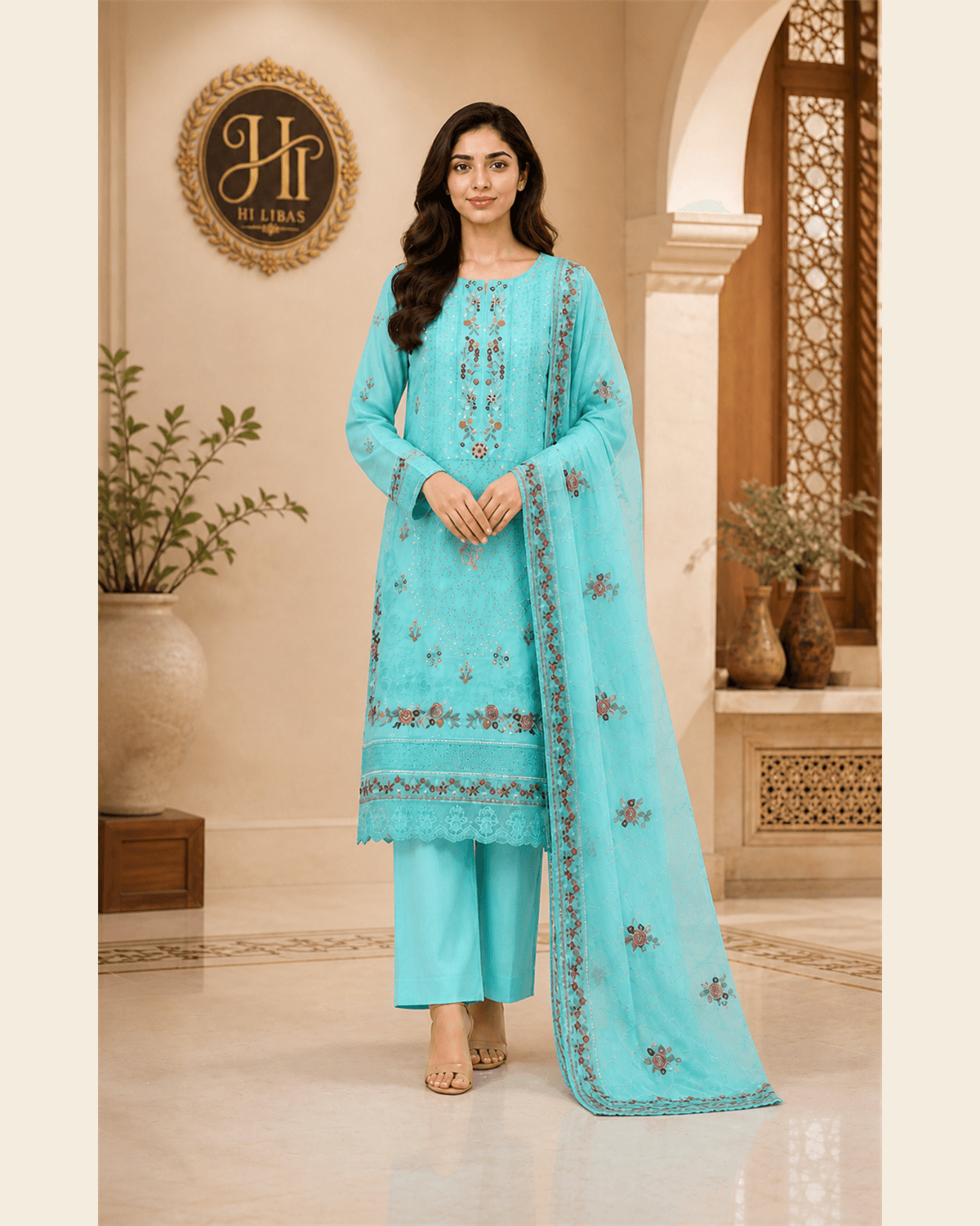 Bin Ilyas Embroidered Cotton 3 Piece Suit Turquoise image 1