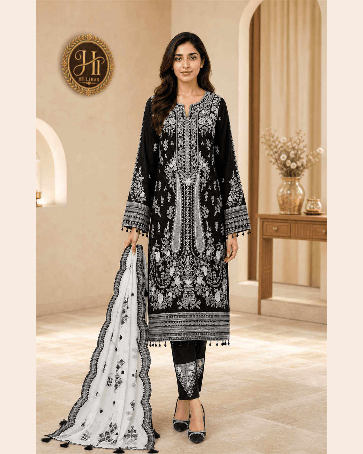 H.R Embroidered Cotton 3 Piece Suit Black White image 1