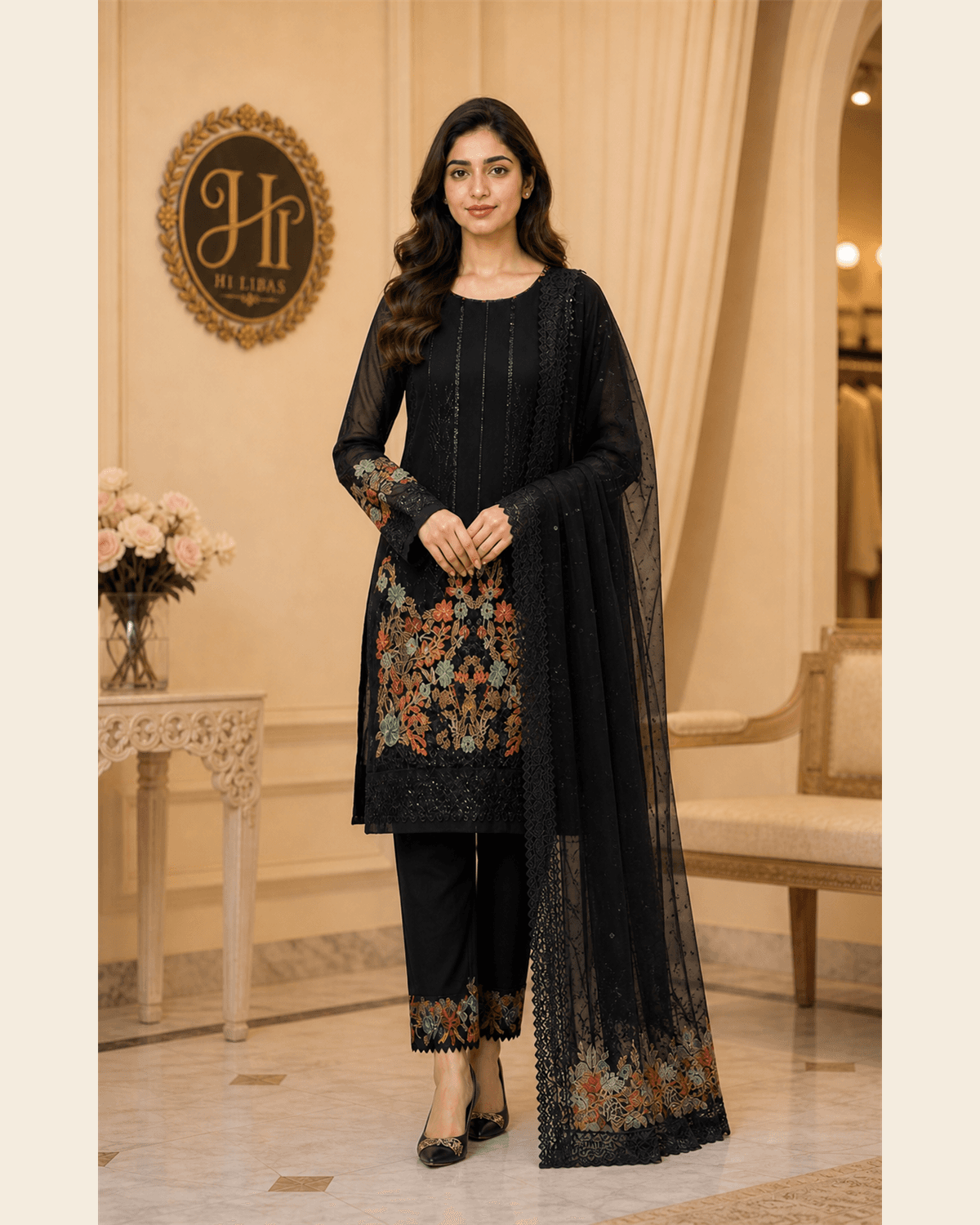 Iznik Embroidered Cotton 3 Piece Suit Black image 1