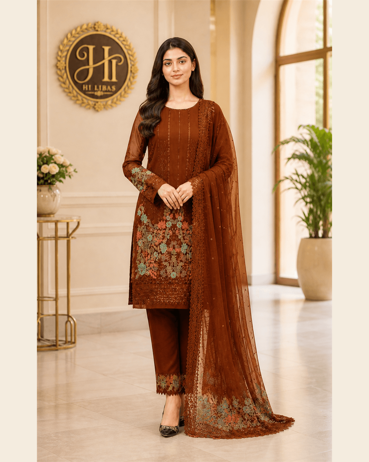 Iznik Embroidered Cotton 3 Piece Suit Brown image 1