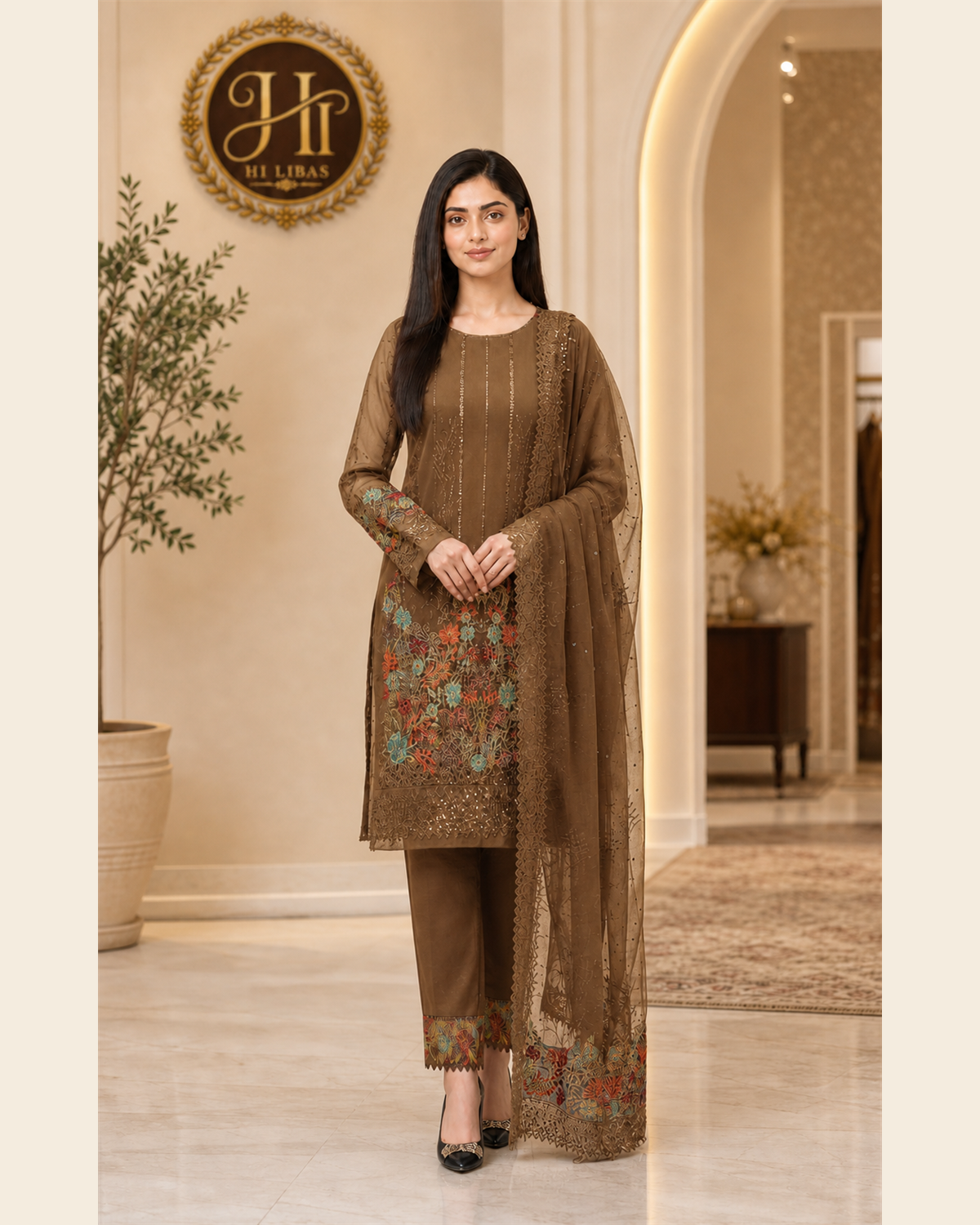 Iznik Embroidered Cotton 3 Piece Suit Mocha Brown image 1