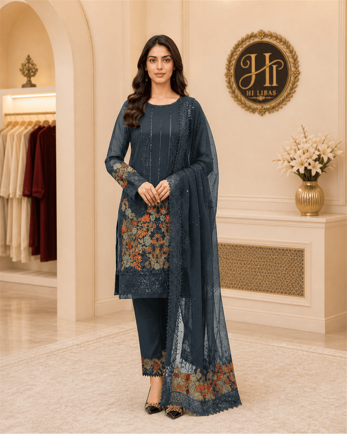 Iznik Embroidered Cotton 3 Piece Suit Navy image 1