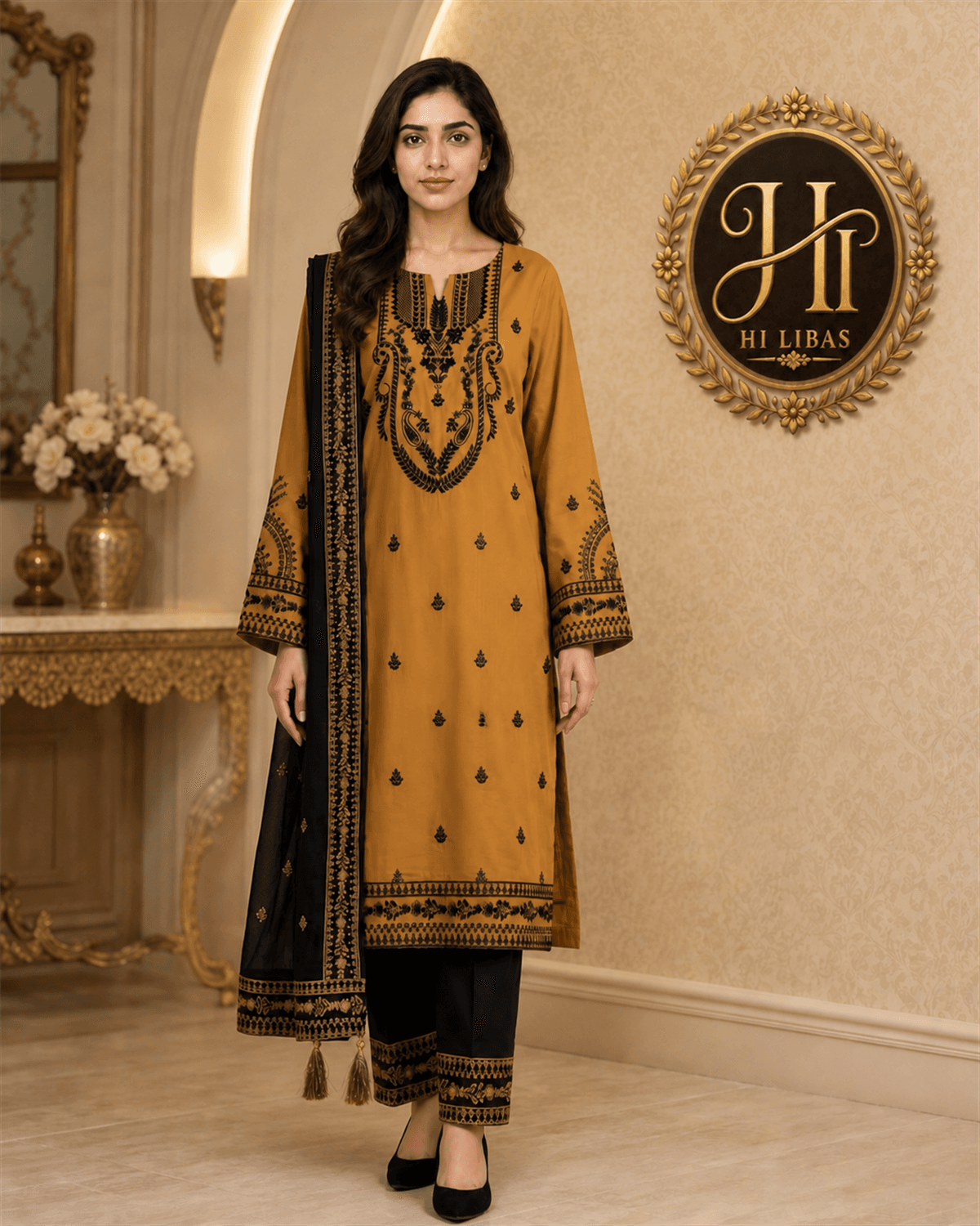 Khamaj Embroidered Cotton 3 Piece Suit Mustard Black image 1