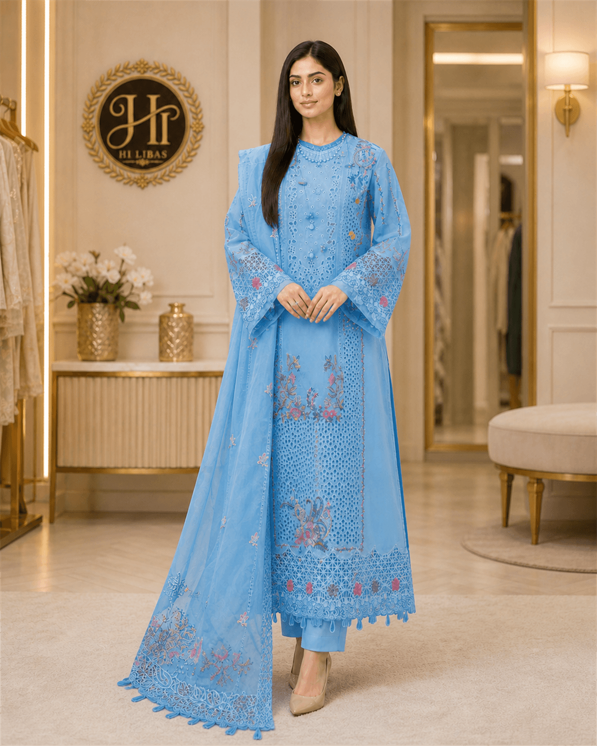 Qalamkar Embroidered Lawn 3 Piece Suit Sky Blue Multi image 1