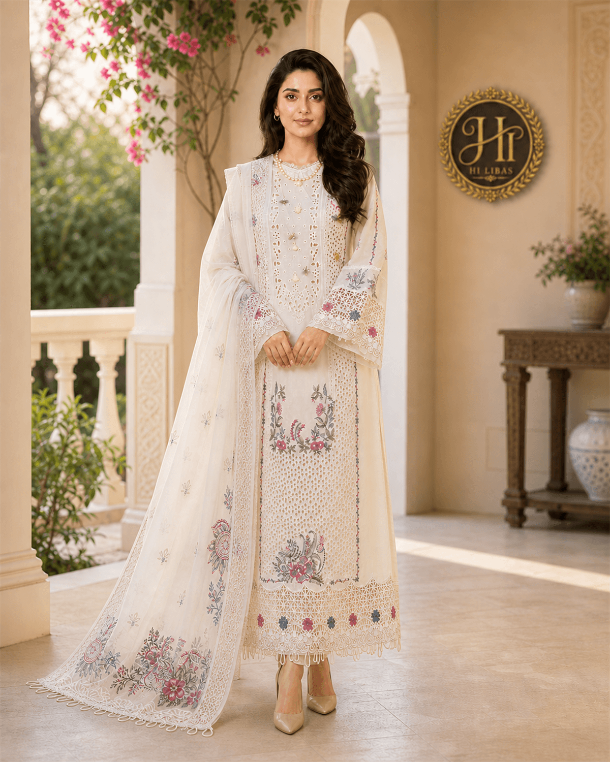Qalamkar Embroidered Lawn 3 Piece Suit Ivory Multi image 1